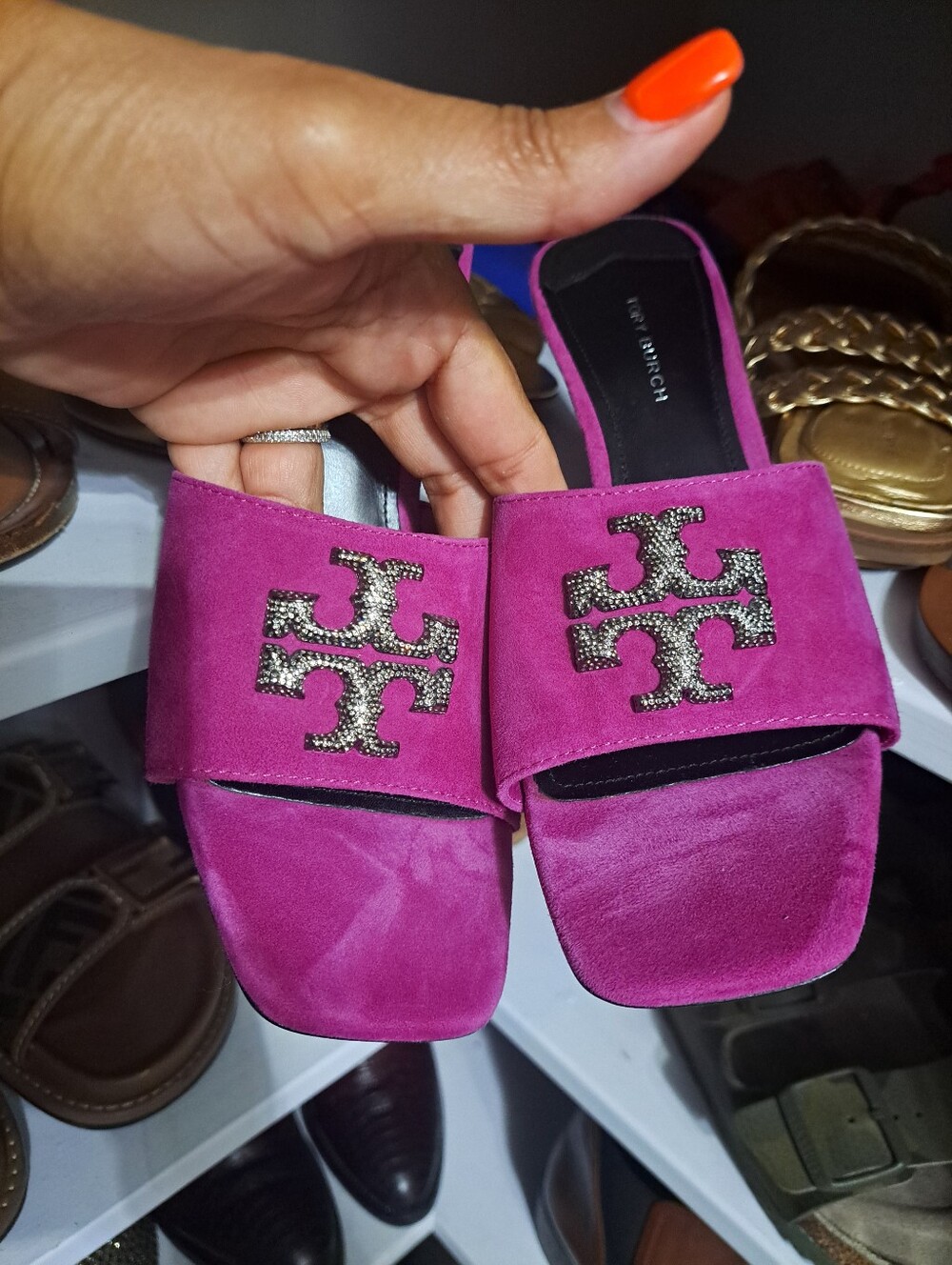 Tory Burch Fuchsia Suede Slide Mules with Crystal Logo Accent